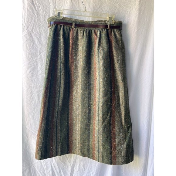 Vintage A Line‎ Midi Wool Blend Long Skirt Jacket Set Sweet Apple Olive Striped - Picture 3 of 13